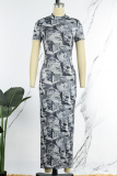 Grey Casual Print Basic O Neck Short Sleeve Dress Dresses