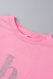 Pink Sexy Casual Letter Hot Drilling Asymmetrical O Neck Short Sleeve Two Pieces