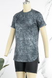 Dark Gray Casual Print Patchwork O Neck Short Sleeve Two Pieces