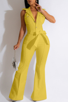 Yellow Casual Solid Patchwork Backless Turndown Collar Skinny Jumpsuits