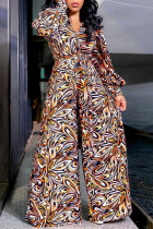 Yellow Casual Street Elegant Print Frenulum Buttons V Neck Loose Jumpsuits(With Belt)
