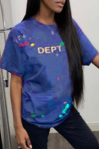 Blue Casual Print Basic O Neck T-Shirts