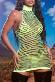 Green Sexy Print See-through Turtleneck Sleeveless Dress Dresses