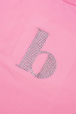Pink Sexy Casual Letter Hot Drilling Asymmetrical O Neck Short Sleeve Two Pieces