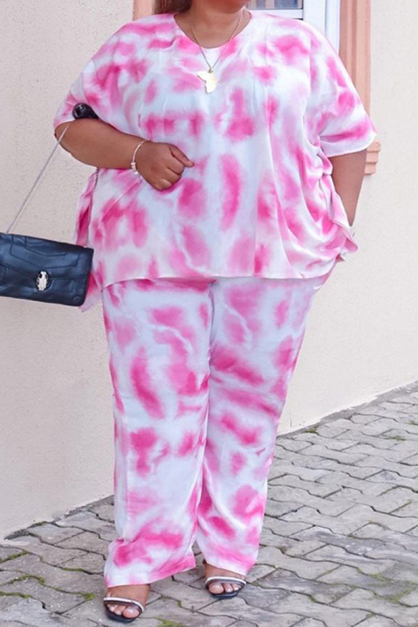 Pink Casual Work Street Tie Dye Pocket O Neck Plus Size Two Pieces