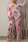Pink Casual Work Elegant Print Patchwork Buttons Turn-back Collar Long Sleeve Two Pieces