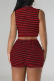 Red Sexy Casual Striped Patchwork Zipper Collar Sleeveless Two Pieces
