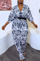 Black White Casual Daily Letter Letter V Neck Loose Jumpsuits