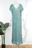 Sky Blue Casual Patchwork Hollowed Out See-through Slit Swimwears Cover Up