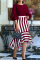 Burgundy Casual Work Elegant Striped Patchwork Flounce O Neck Irregular Dress Dresses