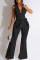 Black Casual Solid Patchwork Backless Turndown Collar Skinny Jumpsuits