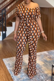 Yellow Brown Casual Daily Simplicity Striped Printing Contrast Asymmetrical Collar Regular Jumpsuits