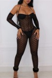 Black Sexy Solid Patchwork See-through Backless Halter Skinny Jumpsuits