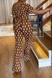 Yellow Brown Casual Daily Simplicity Striped Printing Contrast Asymmetrical Collar Regular Jumpsuits