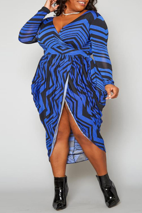 Blue Sexy Casual Street Elegant Geometric Fold V Neck Irregular Dress Plus Size Dresses