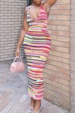 Colour Sexy Print Bandage Backless Halter Long Dress Dresses
