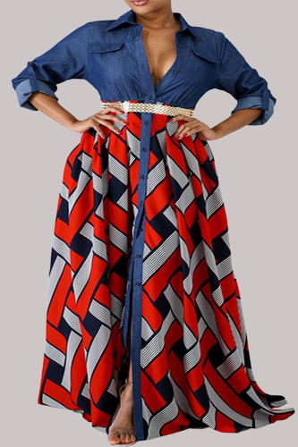 Red Sexy Casual Street Elegant Print Buttons Slit Turndown Collar Waist Skirt Dresses