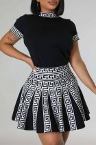 Black Sweet Geometric Patchwork O Neck Short Sleeve Two Pieces