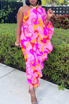 Pink Casual Elegant Print Printing One Shoulder Asymmetrical Dresses
