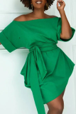Green Casual Daily Simplicity Frenulum Asymmetrical Solid Color Off the Shoulder Dresses