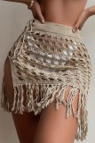 Khaki Sexy Solid Tassel Hollowed Out Frenulum See-through Slit Swimwears Cover Up