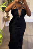 Black Sexy Party Elegant Fold Solid Color Spaghetti Strap Vest Dress Dresses