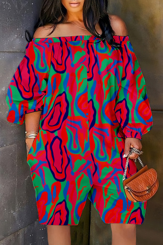 Rose Red Casual Print Backless Off the Shoulder Regular Romper
