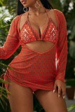 Tangerine Red Sexy Print Hollowed Out V Neck Plus Size Swimwear Three-piece Set (With Paddings)