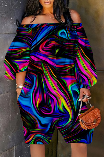 Blue Black Casual Print Backless Off the Shoulder Regular Romper
