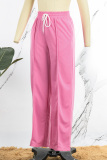 Pink Casual Solid Basic Regular High Waist Conventional Solid Color Trousers
