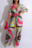 Colour Casual Sweet Street Print Patchwork Buttons Turndown Collar Half Sleeve Two Pieces