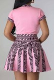 Pink Sweet Geometric Patchwork O Neck Short Sleeve Two Pieces