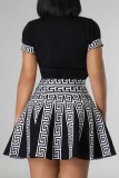 Black Sweet Geometric Patchwork O Neck Short Sleeve Two Pieces