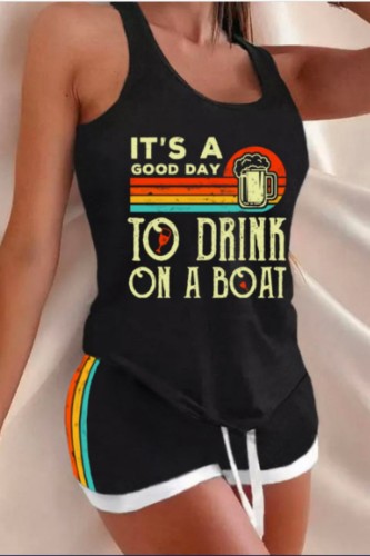 Black Yellow Casual Graphic Print U Neck Sleeveless Vest and Shorts Set