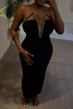 Black Sexy Party Elegant Fold Solid Color Spaghetti Strap Vest Dress Dresses