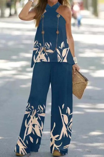 Tibetan Blue Casual Print Backless Halter Sleeveless Two Pieces