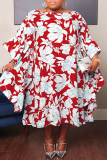 Red Casual Sweet Street Floral Patchwork O Neck Irregular Dress Plus Size Dresses