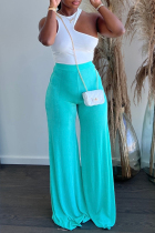 Blue Casual Daily Solid Solid Color Loose High Waist Wide Leg Solid Color Bottoms