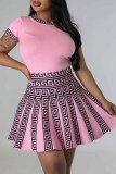 Pink Sweet Geometric Patchwork O Neck Short Sleeve Two Pieces