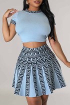 Light Blue Sweet Geometric Patchwork O Neck Short Sleeve Two Pieces