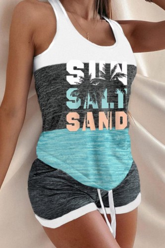Cyan Casual Graphic Print U Neck Sleeveless Vest and Shorts Set
