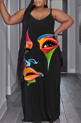 Black Green Sexy Casual Print Backless Spaghetti Strap Long Dress Plus Size Dresses