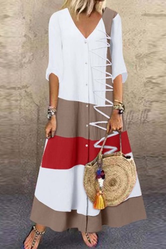 White Casual Print Patchwork V Neck Long Dress Dresses