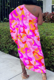 Pink Casual Elegant Print Printing One Shoulder Asymmetrical Dresses
