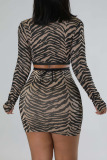 Brownness Sexy Casual Street Leopard Strap Design U Neck Long Sleeve Two Pieces