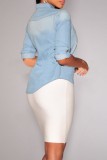 Baby Blue Casual Solid Patchwork Turndown Collar Tops