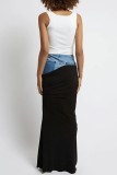 Black Casual Patchwork Solid Contrast High Waist Skinny Denim Skirts