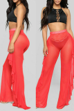 Red Sexy Solid Flounce Straight Mid Waist Straight Solid Color Bottoms