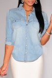 Baby Blue Casual Solid Patchwork Turndown Collar Tops