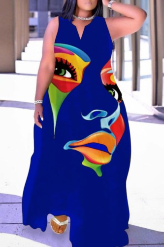 Blue Casual Print Basic V Neck Long Dress Plus Size Dresses